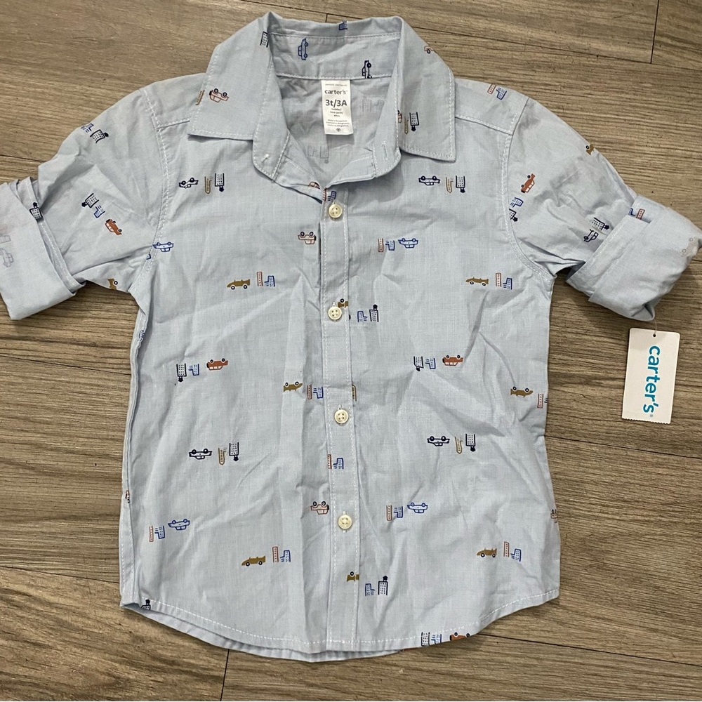 Carter's Pale Blue Short-Sleeve Button-Up with Tiny Vehicle Print